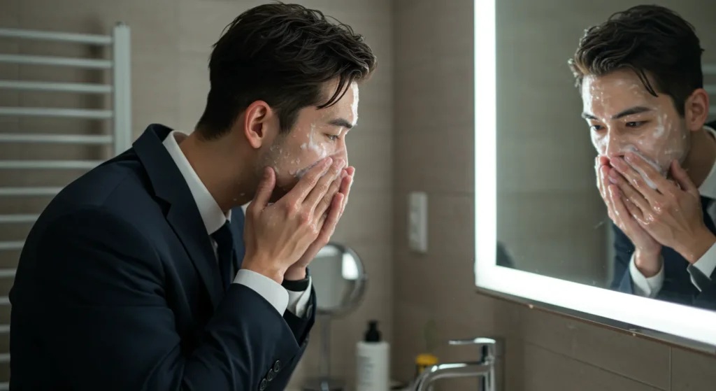 깔끔한 정장 차림의 직장인 남성이 화장실 거울 앞에서 세안하는 모습